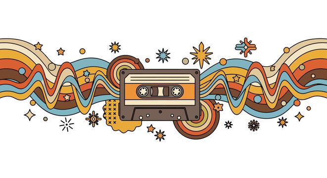 Retro audio cassette tape with vintage wavy lines and stars.