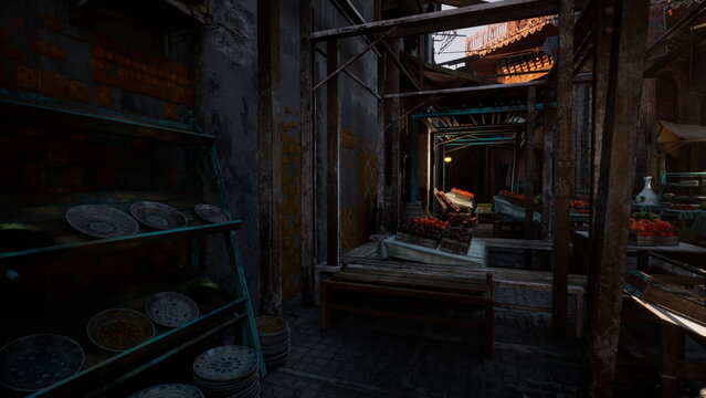dim produce stall along narrow alley, stacked crates of tomatoes and oranges on worn wooden tables, damp cobblestone reflecting muted light, overhead rafters