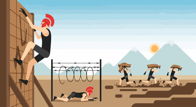 Obstacle Course Race: Warrior climbing wall, crawling under barbed wire, runners in mud