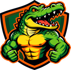 Obraz premium Fierce Muscular Alligator Mascot Logo with Shield Emblem – Esports Team Vector Illustration