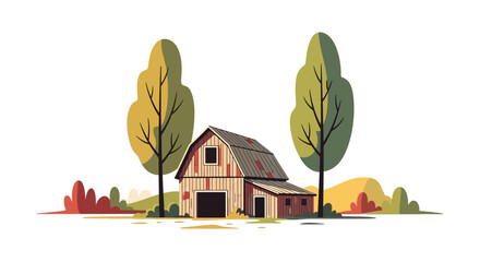 Rustic wooden barn with tall trees and autumn foliage. © Ajie stock