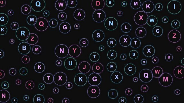Colorful letters move and change in a digital space with a dark background at night