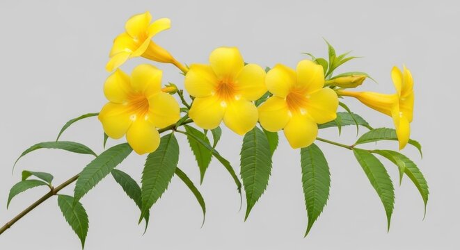 A vibrant branch of blooming yellow tecoma stans flowers isolated on a clean light gray background