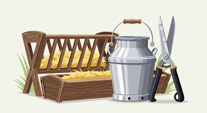 Farm supplies: hay feeder, milk can, and shears for animal husbandry and rural life