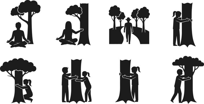 Silhouette illustrations of people interacting with trees in various serene and peaceful settings for nature and environmental themes