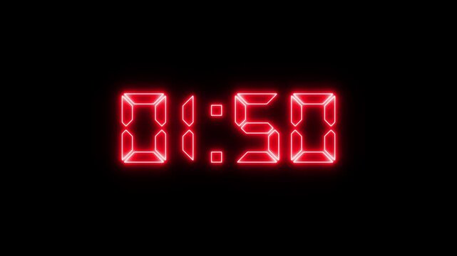 Abstract neon LED timer for 2 minutes countdown with reflection count animation on a black screen. Neon orange digital number clock with reflection.