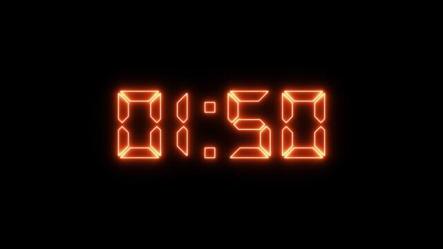 Abstract neon LED timer for 2 minutes countdown with reflection count animation on a black screen. Neon orange digital number clock with reflection.