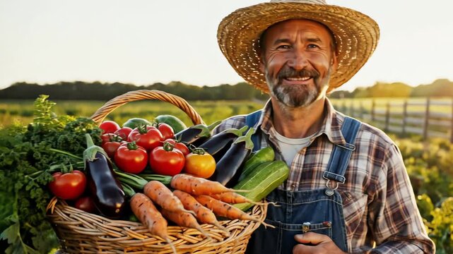 Happy Farmer Holding Basket of Fresh Colorful Organic Vegetables in Golden Light - Ai Genereted.