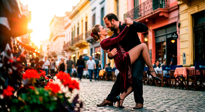 Couple dancing tango in the street at sunset, surrounded by flowers and people