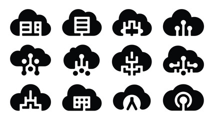 Obraz premium Collection of modern startup logos and cloud computing icons in black and white symbolizing technology and innovation