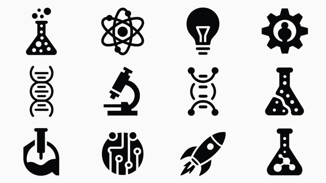 Science icons set including beaker atom lightbulb gear dna microscope rocket circuit on white background