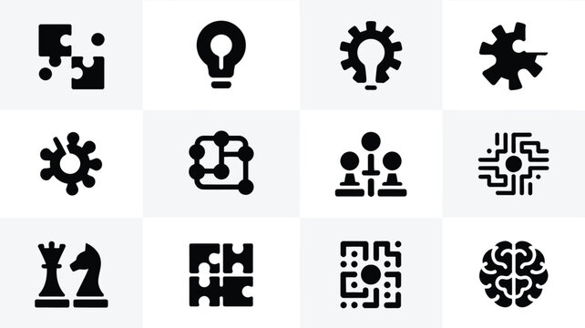 Collection of 12 minimalist startup logos and icons for business and technology concepts on a white background