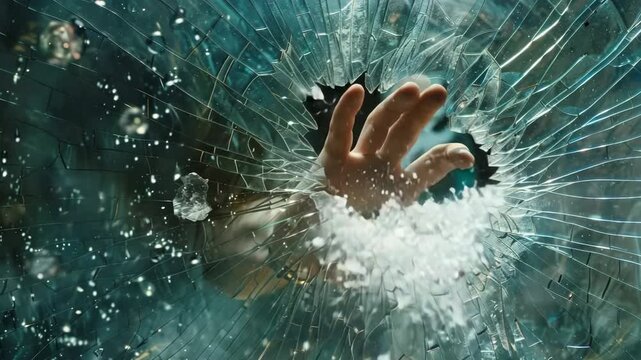 Hand impact on glass creates dramatic shattering effect with explosive detail