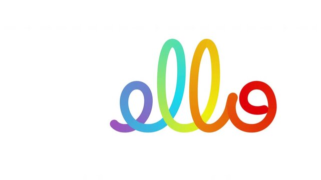Colorful hello word endless loop write on text effect with curved ribbon stroke forming playful greeting lettering isolated on transparent background with rainbow gradient and smooth animation