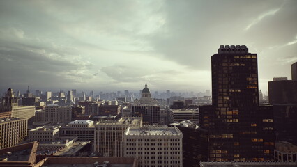 Fototapeta premium sunrise city skyline highrise sunflare cinematic rooftop panorama with glass tower silhouette, distant domed landmark, layered rooftops and low cloudbank, warm