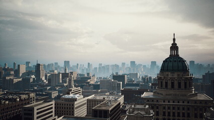 Obraz premium overcast city skyline with cupola, cold blue tones and heavy clouds sweeping above dense highrises, gritty rooftops and industrial facades framed by distant