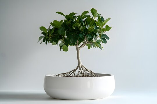 Elegant green Ficus microcarpa bonsai tree with exposed roots in a white ceramic pot, isolated on a clean white background, perfect for minimalist decor and natural beauty concepts