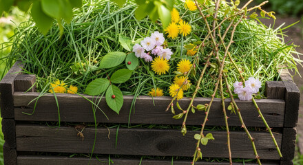 Freshly picked flowers and grass with a natural feel in a rustic wooden box surrounded by greenery