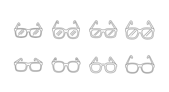 Set of eight hand-drawn eyeglasses icons with dashed outline on white background