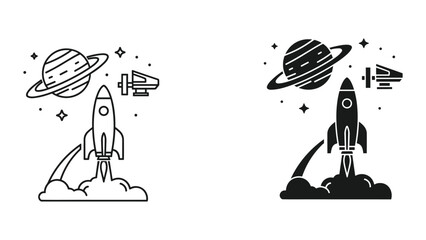 Rocket Launch, Planet and Space Station Vector Icons - Set of Two Styles © SHAHRIYAR RASEL