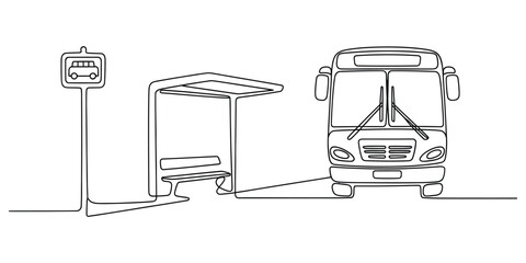 Continuous single line drawing of a city bus arriving at a modern passenger transit bus station © Bisawjit