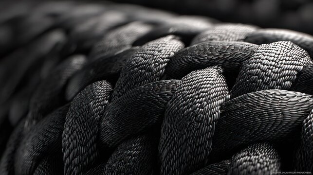 Close up of thick braided rope showing texture and pattern in grayscale
