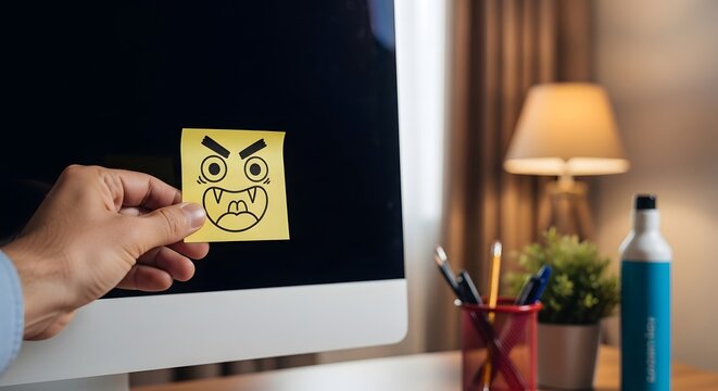 A hand holding a yellow sticky note with an angry face in front of a computer monitor