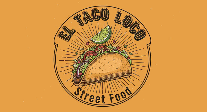 Retro El Taco Loco Street Food Logo with Fresh Ingredients and Radiant Rays