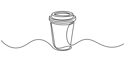 Minimalist continuous line drawing of a disposable coffee cup with a lid for a hot beverage drink