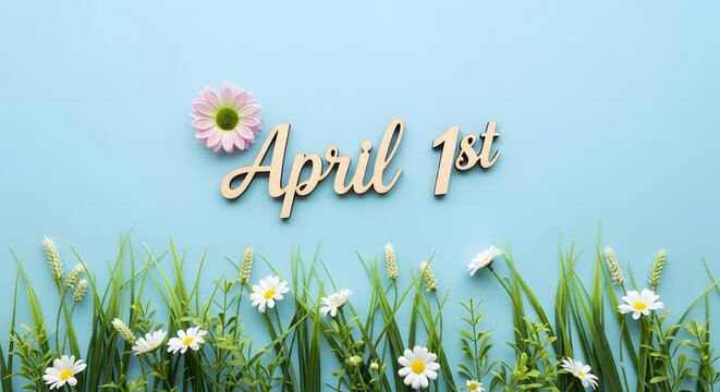 April 1st floral spring background with flowers and grass
