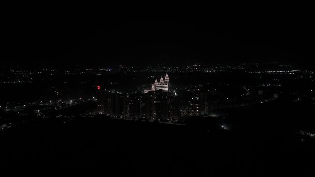 Night Drone Shot of Vrindavan Chandrodaya Temple Lit Hindu Temple Architecture