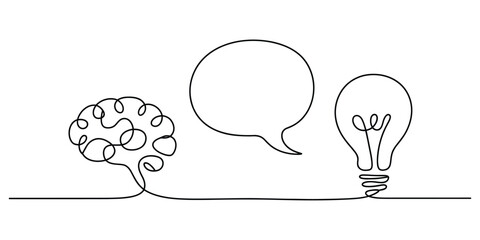 Continuous line drawing of a brain a speech bubble and a lightbulb representing creative thought © Bisawjit