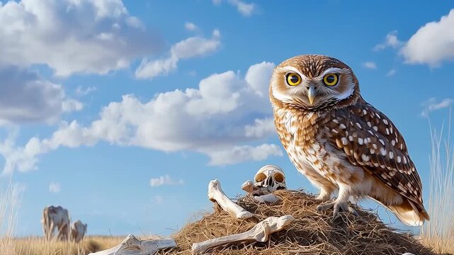 Wild burrowing owl guarding its nest made of bones and hay in a dry prairie landscape