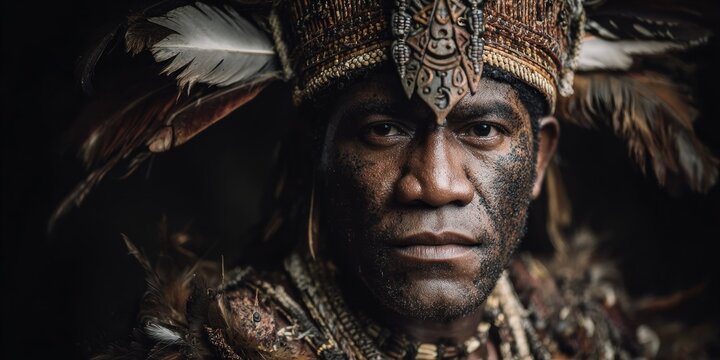 Close up portrait of a person in traditional attire with feathers and decorative elements