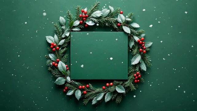 Elegant Christmas wreath with red berries, pine branches, and falling snow on a green background