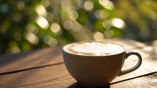 Steaming cup of hot coffee with beautiful latte art on a rustic wooden table