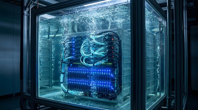 Innovative data center server rack submerged in special dielectric liquid for advanced immersion cooling technology.