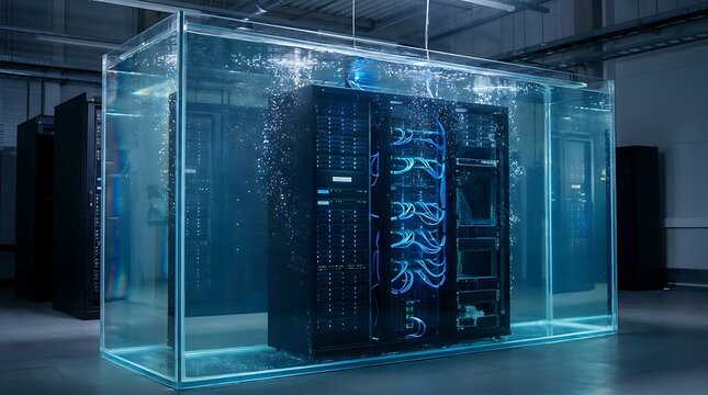 Advanced server rack submerged in a liquid cooling tank, showcasing innovative data center technology and efficient heat dissipation.