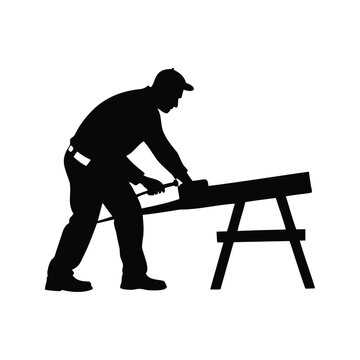 Carpenter working on wood silhouette vector illustration,A black and white silhouette of a carpenter working on a piece of wood with tools