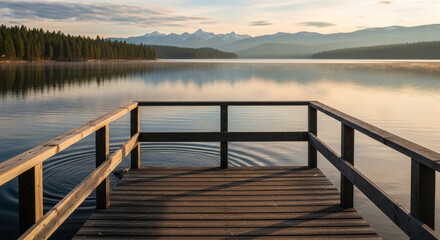 Fototapeta premium Serene lake view from a wooden observation platform, surrounded by mountains and trees under soft morning light