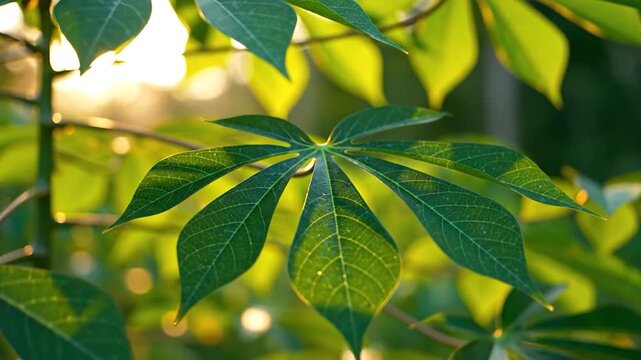 Lush green leaves of a tropical plant illuminated by golden sunlight
