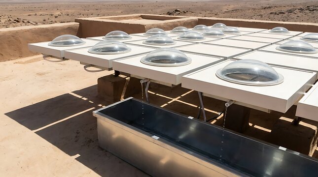 Modern water purification system utilizing multiple dome-shaped solar stills to collect clean water in a harsh desert environment.