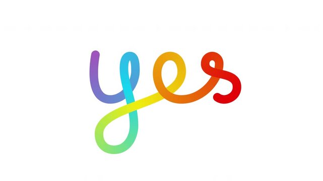 Colorful yes word write on text effect with curved ribbon stroke forming playful lettering symbol of agreement approval and celebration isolated on transparent background with rainbow gradient