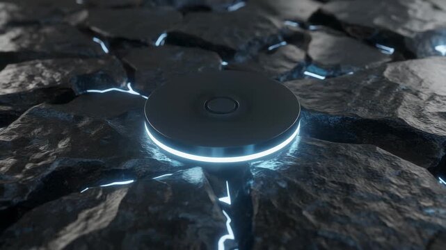 Futuristic button embedded within dark rocky surface. Sci-fi animation for tech, gaming, and modern interfaces. Digital button for futuristic projects.