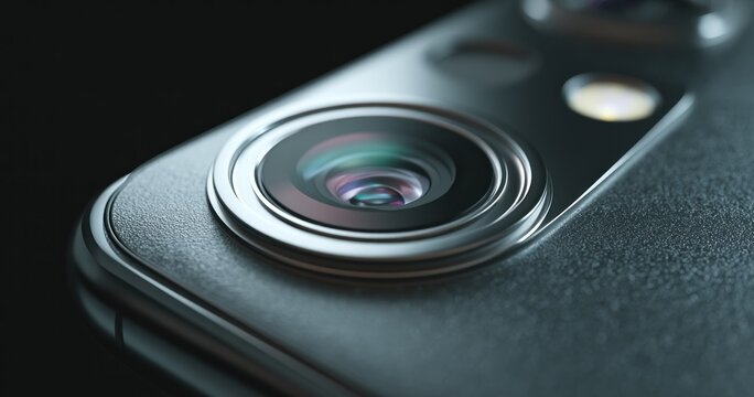 Close up of a modern smartphone camera lens and body details on dark background