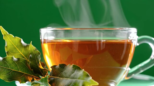 Aromatic Herbal Tea Brewed From Fresh Bay Leaves Steaming in a Clear Glass Cup with Rich Amber Liquid and Green Background Lighting