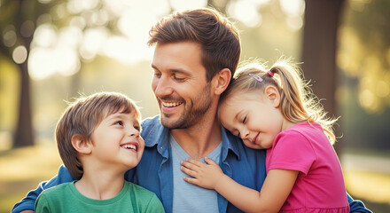 Fototapeta premium Father sitting with two children outdoors—symbolizing love, joy, bonding, and the warm, celebratory spirit of Father’s Day.