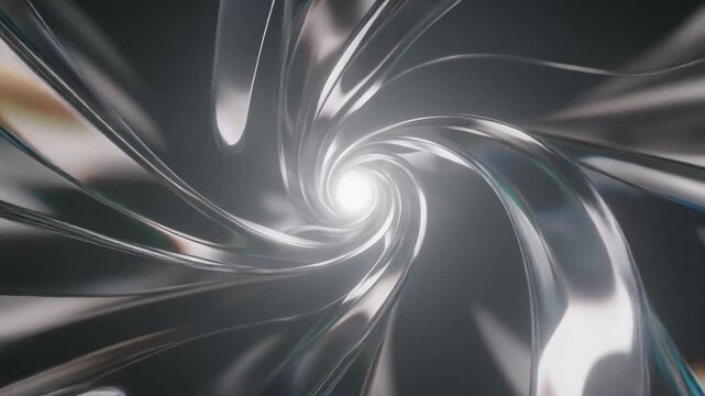 Hypnotic swirl of metallic curves in dark spiraling tunnel of light. Futuristic animation for sci-fi, abstract design, and digital backgrounds. Modern metallic swirl for creative projects.