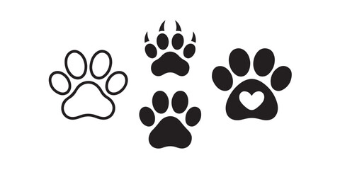 Fototapeta premium Set of paw prints icons and symbols including heart, black and white outlines and solid silhouettes