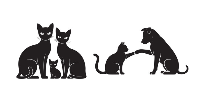 Black silhouettes of cats and dog family playing together on white background, concept friendship